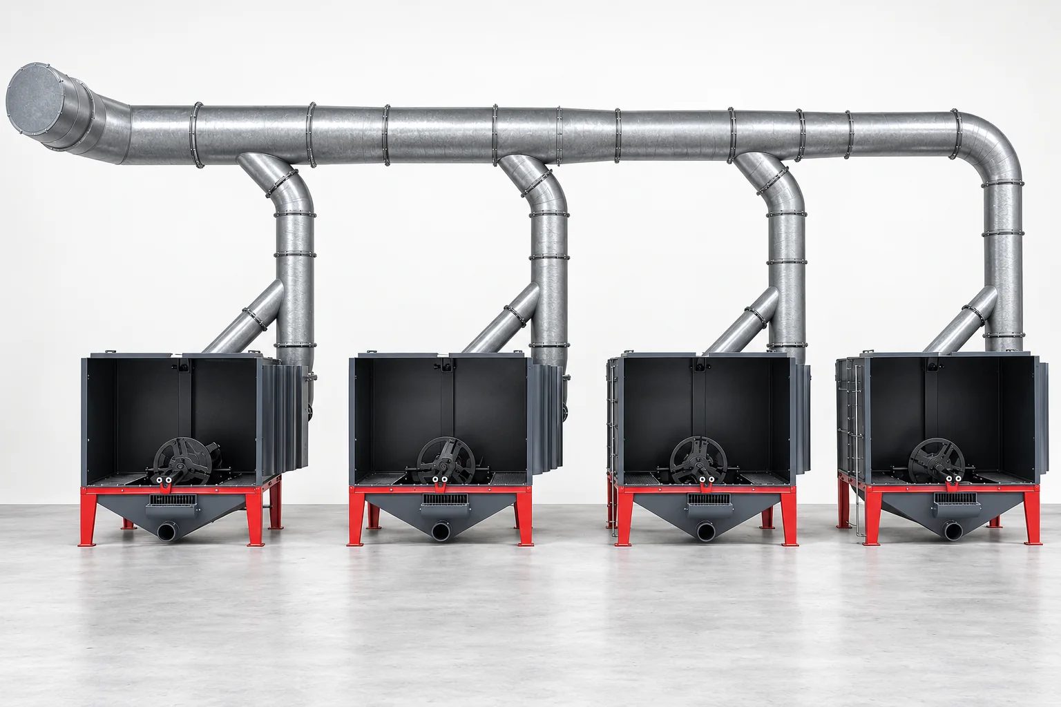 BTM open booth line - four side-by-side open working booths connected to a shared overhead extraction duct
