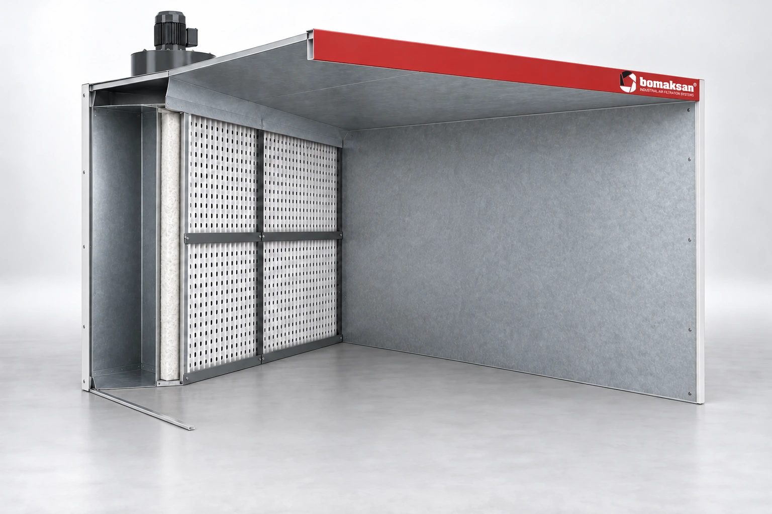 Bomaksan dry filter spray booth cutaway view - filter stages and rear extraction plenum