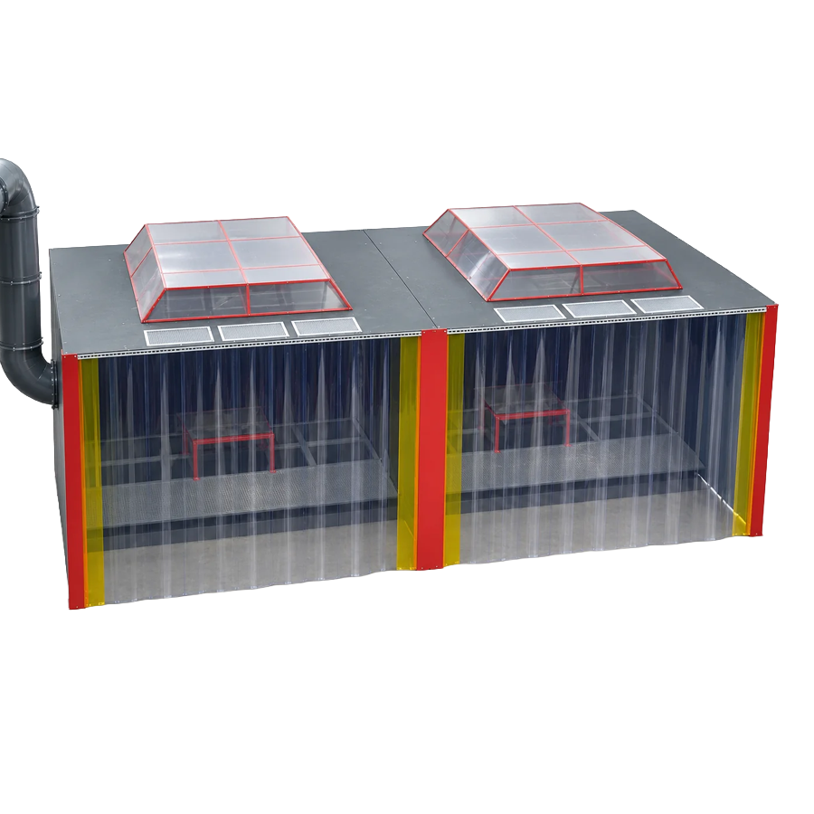 Bomaksan grinding booth - two side-by-side enclosed booths with strip curtains, skylight roof and extraction duct connection