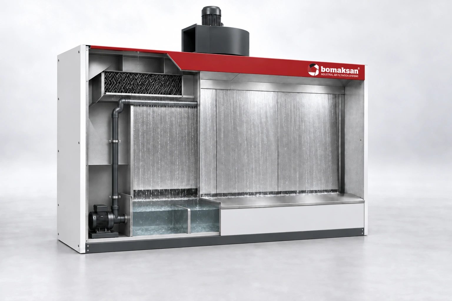 Bomaksan water curtain spray booth cutaway view - water distribution, pump, tank and droplet separator